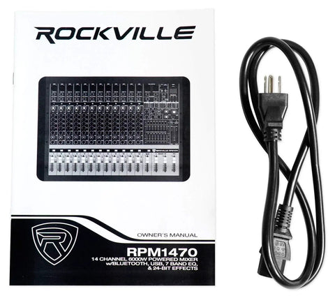 6000W Peak 14-Channel Powered Mixer With USB Bluetooth manual and power cable.