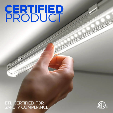 Person installing T8 LED Shop Lights For Garage And Workshop 4 Ft 50W 7000 Lumens 5000K Daylight White Clear Cover Ceiling Mounted V Shape Fixture Bright As Day Great For Basement And Warehouse ETL Listed 2 Pack