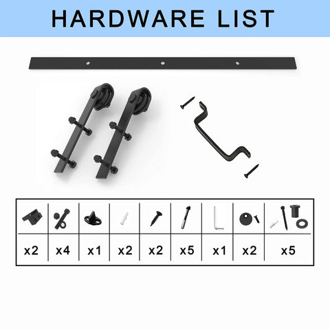Hardware kit for 42 Inch By 84 Inch Five Panel Sliding Barn Door With Tempered Frosted Glass, including brackets and screws.