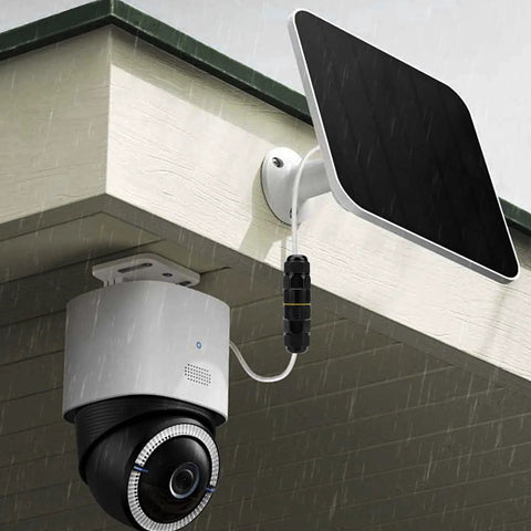 Six Pack IP68 Waterproof Junction Boxes With 3 In 3 Out Lever Wire Connectors installed on outdoor camera setup.