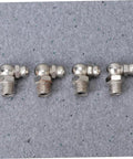 Grease Fitting Kit 45 Piece Metric Zerk Assortment with four 90 degree steel fittings on gray background