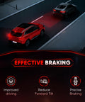Red car demonstrating braking system with visual radar, effective braking emphasis, icons showing driving improvements