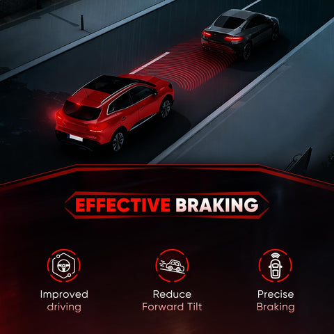 Red car demonstrating braking system with visual radar, effective braking emphasis, icons showing driving improvements