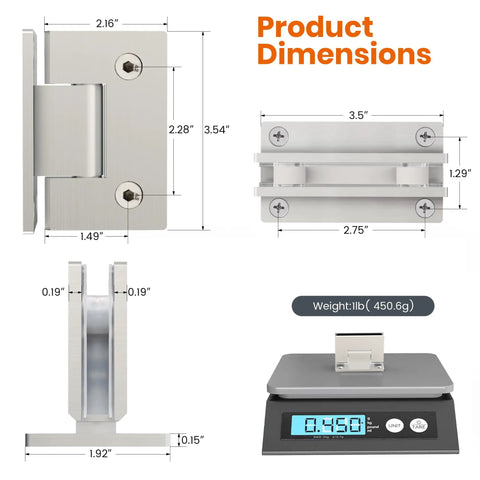 Product dimensions of Heavy Duty 90 Degree Frameless Shower Door Hinges For Glass Fits 1/4 To 1/2 Inch Thick Panels Brushed Nickel Wall Or Cabinet Mount Stainless Steel Self Closing Design 2 Pack Replacement Parts