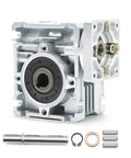 Beefed-Up NMRV 030 Worm Gear Reducer For NEMA 23 Motors 30 To 1 Reduction with input and output shaft visible