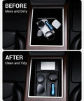 Comparison of messy and organized storage with Lower Center Console Organizer Tray For Tesla Model S And Model X 2022 To 2026 Cup Holder Inset