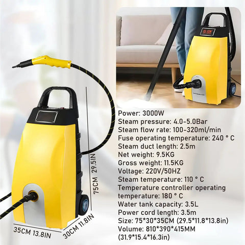 Orisuntech Multi Purpose High Pressure Steam Cleaner With Ozone For Kitchen Grease Carpet Extraction Car Auto Detailing Heating Appliance Cleaning And Deodorizing At 150 Degrees C Deep Sanitization Solution, yellow steam cleaner with hose and specifications.