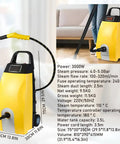 ORISUNTECH Commercial Steam Cleaner 3000W with 3.5L tank, yellow body, steam hose, and display panel