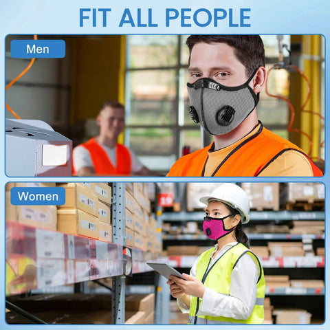 Pro Grade Six Pack Breathable Dust Mask With Adjustable Straps And 24 Activated Carbon Filters For Woodworking Reusable Respirator Set In Black Dark Blue Sky Blue Dark Gray Rose Red And White shown on a man and woman in work settings