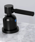 Close-up of Concord Widespread Bathroom Faucet With Pop Up Drain In Matte Black Eight To Sixteen Inch Deck Mount Handle