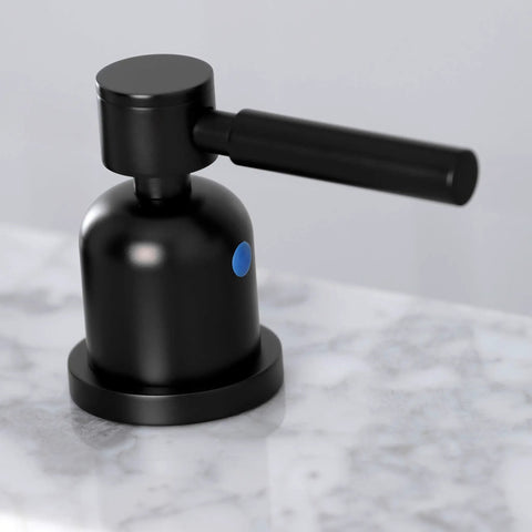 Close-up of Concord Widespread Bathroom Faucet With Pop Up Drain In Matte Black Eight To Sixteen Inch Deck Mount Handle