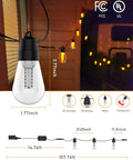 Outdoor String Lights With Dimmer And App Control 100 Ft LED patio lights with 50 shatterproof vintage Edison bulbs displayed.