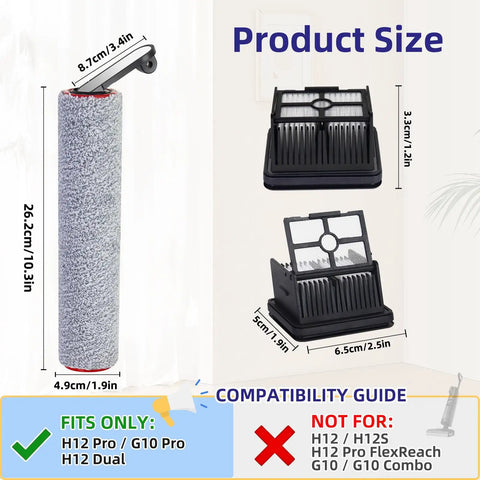 Replacement Parts Kit For H12 Pro H12 Dual And G10 Pro Wet Dry Vacuum Cleaners Built For Quick Fit And Long Lasting Heavy Duty Performance With Durable Filters Motor Brushes Gaskets And Roller Accessories. Product size guide with roller, filters and brush
