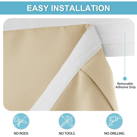 Close-up of beige French Door Curtains With Privacy Blackout No Drill Easy Install Tie Up Shades adhesive strip