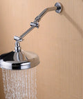4 Inch Brass Shower Arm Extension With Adjustable Height Mount For Shower Head Chrome Finish Heavy Duty Build Half Inch NPT Male To Shower Head And Half Inch IPS Female To Arm, installed with water flowing from shower head.