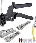 Stainless Steel Cable Tie Gun Kit With 150 Zip Ties 50 Of Each Size 6 8 And 11.8 Inch Includes Cutter And 3 Pairs Gloves