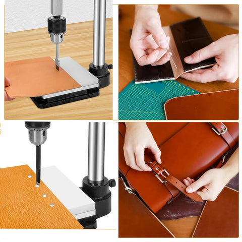 All-In-One Leather Hole Punch Tool For DIY Crafting used on leather for belts and bags, rivet and snap button installation shown