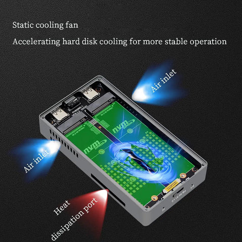Inside view of Dual M.2 NVMe SSD Enclosure With Hella Fast 20 Gbps USB 3.2 Gen 2X2 Interface showcasing cooling fan and air inlets.