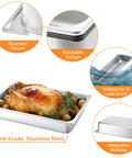 4 Pack Full Size Hotel Pans 1/1 Deep 4 Inch Heavy Duty Stainless Steel Food Pans showcasing features and roasted chicken
