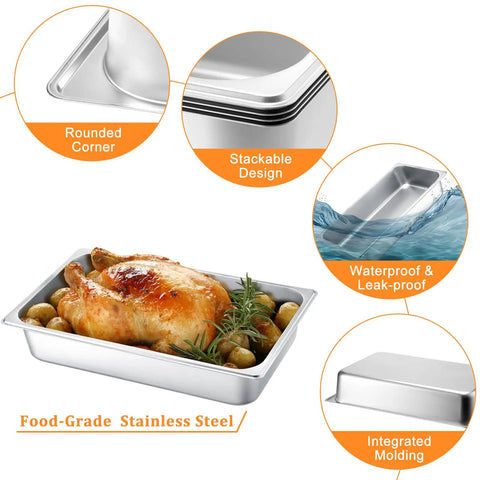 4 Pack Full Size Hotel Pans 1/1 Deep 4 Inch Heavy Duty Stainless Steel Food Pans showcasing features and roasted chicken
