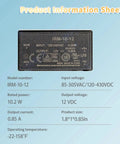 Kickass Ultra Compact 12V AC DC Converter Switching Power Supply showing product specs and dimensions on a black casing.