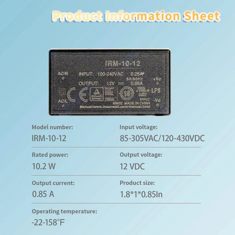 Kickass Ultra Compact 12V AC DC Converter Switching Power Supply showing product specs and dimensions on a black casing.