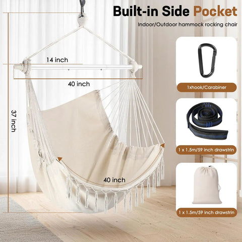 Heavy Duty Hammock Chair With Steel Spreader Bar And Adjustable Straps For Indoor Outdoor Use Up To 500 Lbs Beige
