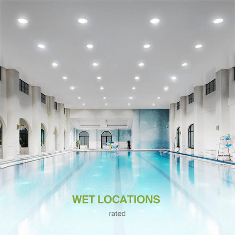 Indoor pool area with 6 Inch Canless LED Downlight With Power Adjustable 10, 15, And 22 Watts Round Dimmable Recessed Ceiling Light.