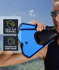Person holding Ultra Light Fins For Pool Training And Snorkeling, Short Blade For Quick, Effortless Kicks, in bright blue