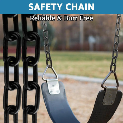 Built Tough Black Chain Link One Quarter Inch Twenty Foot Heavy Duty Hanging Chain for Plants Hammock Chair Porch Swing Gate Fence Outdoor Use Carbon Steel Construction connected to a swing chain outdoors.