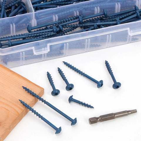 101 Piece Pocket Hole Screws Kit With Square Drive For Exterior Wood Projects, Pro Grade Size Eight By One And A Half Inch, Anti Rust Blue Coated Deck And Fence Screws, Includes Driver Bit And Durable Storage Box