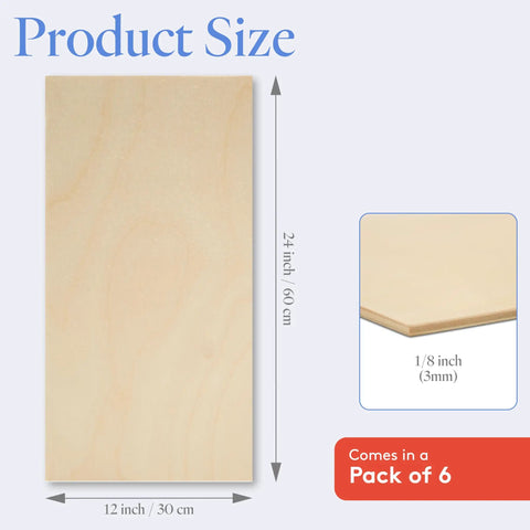 One Eighth Inch Baltic Birch Plywood Sheets 12 By 24 Inches Box Of 6 Bbb Grade showing size dimensions 12x24 inches.