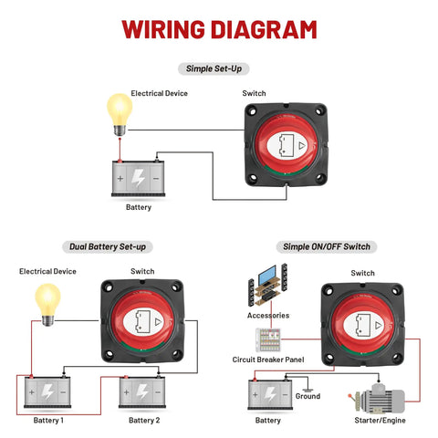 Wiring diagram for Heavy Duty On Off Battery Disconnect Switch For 12V To 48V 275A Continuous 455A Peak Automotive RV Marine