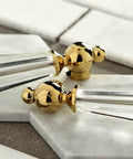 Golden acrylic handles of 4 Inch Centerset Bathroom Faucet Polished Brass Deck Mount 3 Hole Installation No Drip Ceramic Disc Cartridge