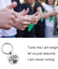 Trust Me I Am An Engineer Keychain With Gear Design, displayed with engineers giving thumbs up, stainless steel charm
