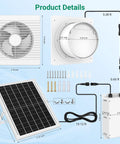 Product layout showing components of Solar Exhaust Fan With 24000mAh Battery And 25W Panel For Day And Night Use