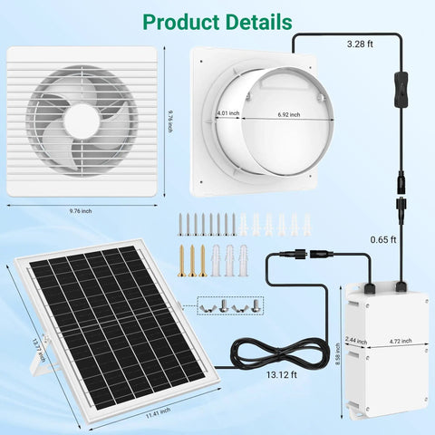 Product layout showing components of Solar Exhaust Fan With 24000mAh Battery And 25W Panel For Day And Night Use