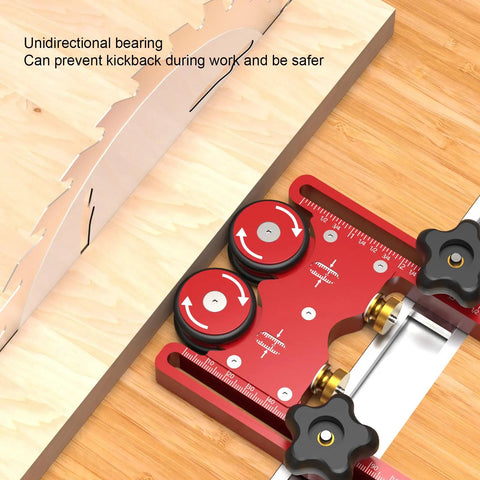 CNC Machined Aluminum Alloy Double Wheel Bearing Roller Features Wide Nonskid Rubber Wheels on a router table preventing kickback.