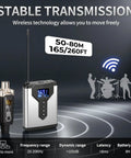 Zero Latency Wireless In Ear Monitor System With Transmitter And Clip On Receivers For Studio Live Performance DJ And Guitar No Lag Real Time Monitoring With Ultra Low Latency Tech 4 Receivers And 1 Transmitter showcasing stable transmission and frequency range with musician silhouettes.