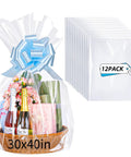 Big 30x40 Inch Clear Cellophane Bags 12 Pack for Gift Baskets and Party Favors, Easy Wraps display with gifts in basket
