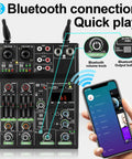 4 Channel USB DJ Mixer With Dual Wireless Microphones, Bluetooth MP3 Playback, showing Bluetooth connection with smartphone