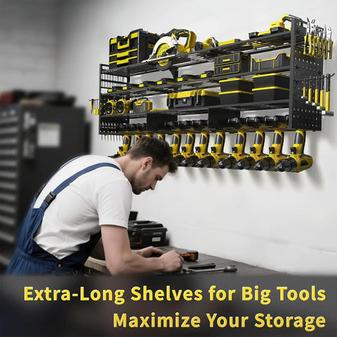 Beefy 52 Inch Heavy Duty Power Tool Organizer Rack 4 Tier Wall Mount Garage Storage Shelf with tools visible in use
