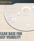 Six Point Five Inch Universal Router Base Plate With Centering Pin Cone And Pre Drilled Mounting Holes showing clear acrylic design and alignment features.