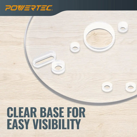 Six Point Five Inch Universal Router Base Plate With Centering Pin Cone And Pre Drilled Mounting Holes showing clear acrylic design and alignment features.