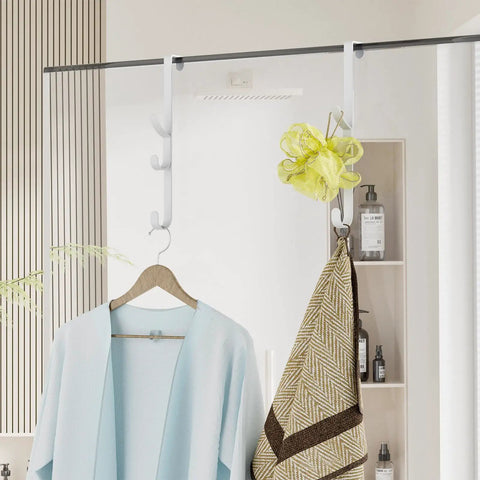 Over The Door Hooks Hanger 2 Pack White, Sturdy Metal Door Organizer with clothes and towels in a bathroom setting