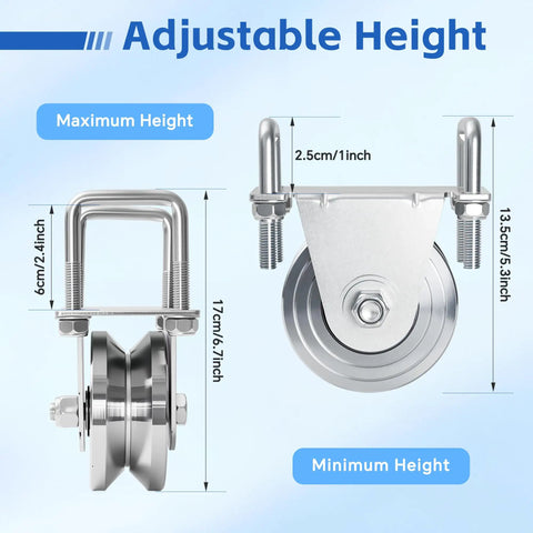 2 Pack 4 Inch V Groove Gate Wheel Kit For Inverted V Track Sliders Heavy Duty Solid Steel Wheels adjustable height dimensions