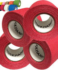 Premium Anti Slip Cotton Gauze Drumstick Grip Tape Pro Four Pack Red showing four rolls of red gauze tape with textured surface.