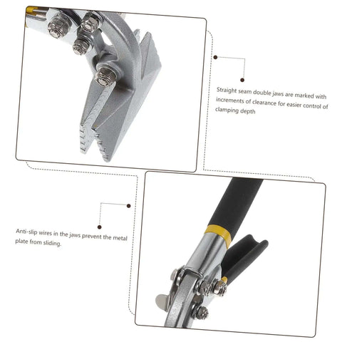 Close-up of 3 Inch Hand Seamer Sheet Metal Bending Tool With Anti Slip Jaws And Locking Handle, showing ergonomic grip and jaws