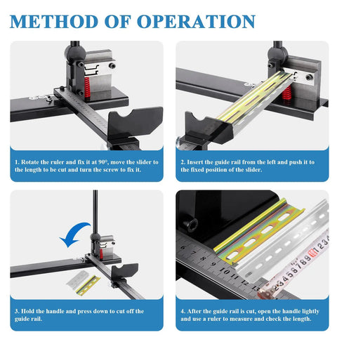Method of operation for Manual DIN Rail Cutter With Anti Slip Handle And 50cm Ruler For Pro Grade DIY Friendly Precise Cutting Of 35mm Wide Steel Or Aluminum DIN Rails, Double Hole Tool For Slotted Rails, Heavy Duty Build, Black Finish.