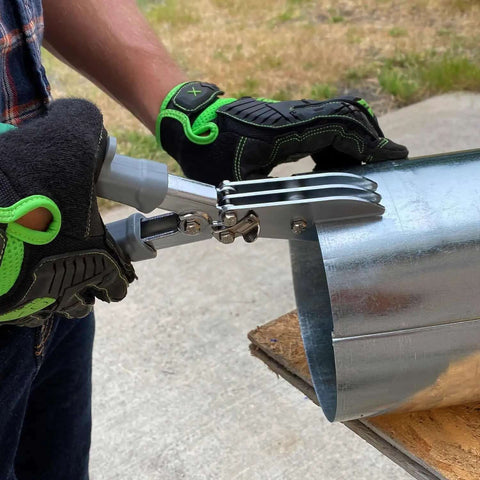 Person using Five Blade Sheet Metal Crimping Tool With Soft Grip Handles And Safety Lock on duct.